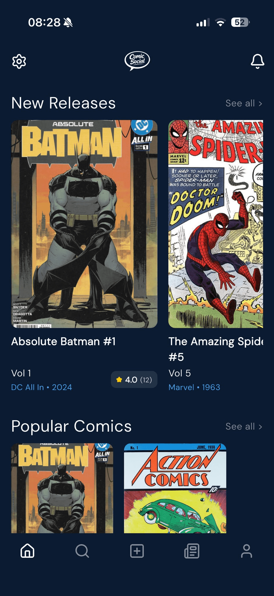 Comic Social New Releases screen